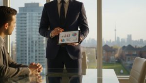 Realtor analyzing rental income charts and property images with Toronto skyline in background