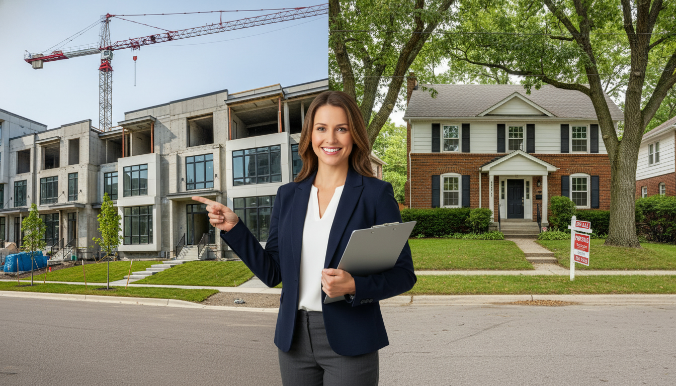 Realtor comparing a new build townhouse under construction and a resale home in an established neighborhood