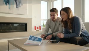 Real estate agent explaining First-Time Home Buyer Incentive checklist to a young couple in a modern home