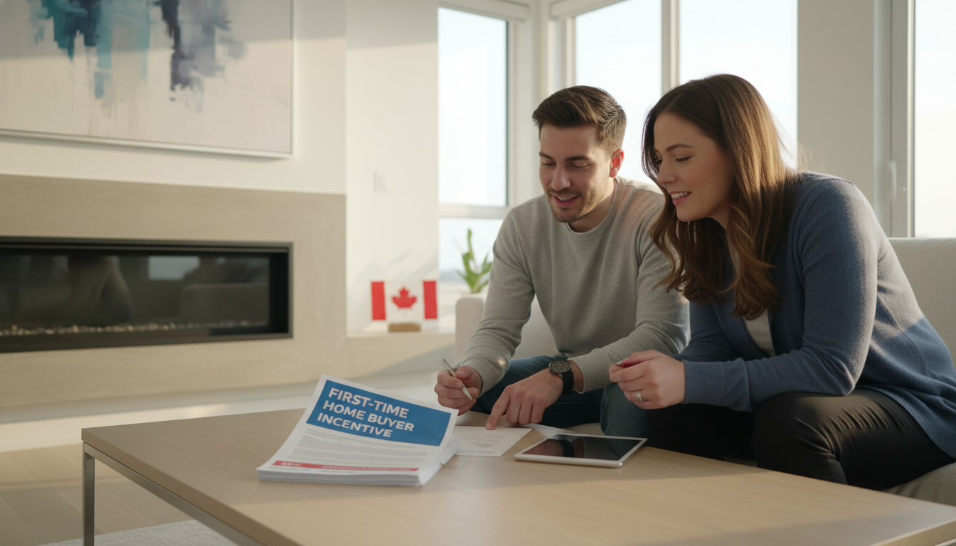 Real estate agent explaining First-Time Home Buyer Incentive checklist to a young couple in a modern home