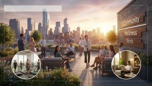 Modern condo rooftop terrace, gym, and co-working lounge showcasing popular amenities