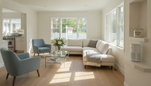Staged living room with air purifier, fresh flowers, baking soda jar, and 'For Sale' sign visible through window.