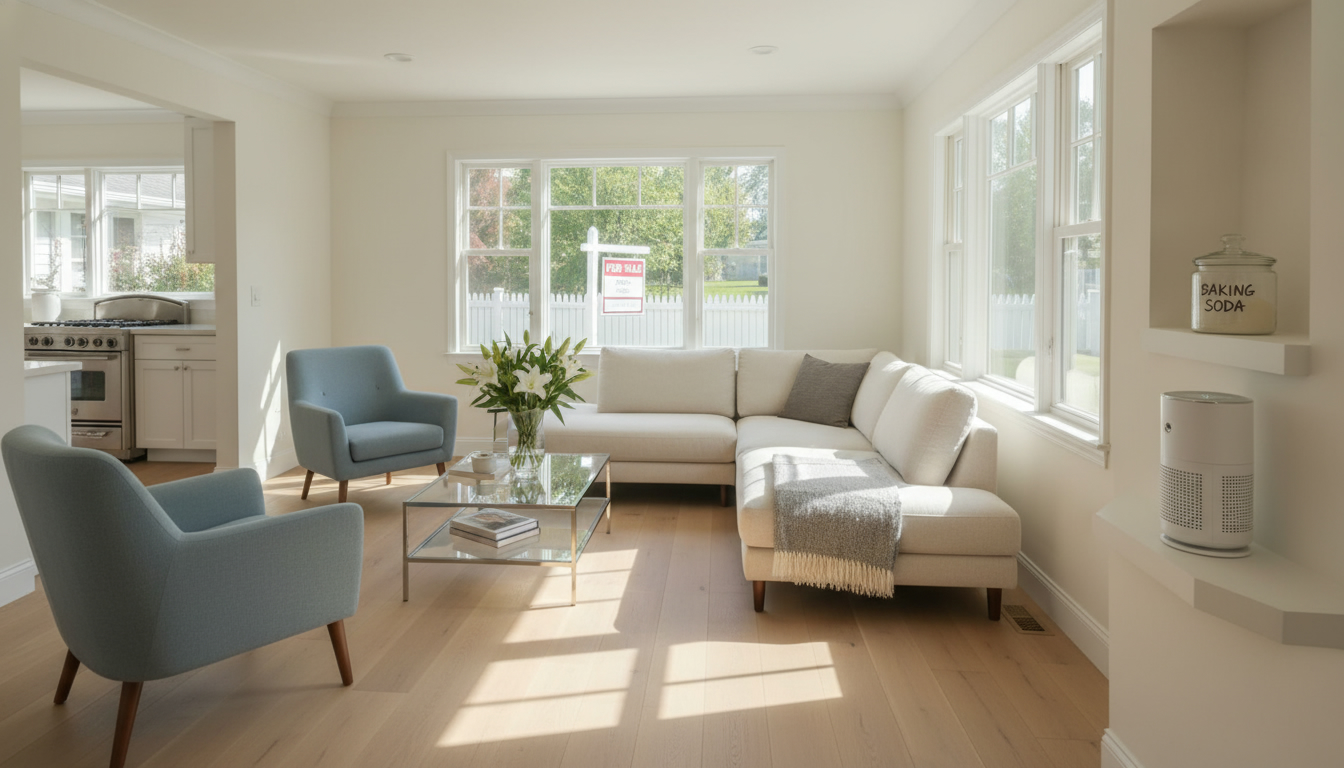 Staged living room with air purifier, fresh flowers, baking soda jar, and 'For Sale' sign visible through window.