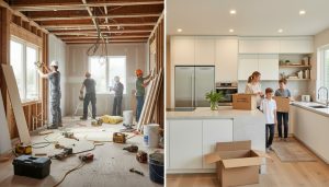 Split image of home renovation on one side and move-in to finished kitchen on the other