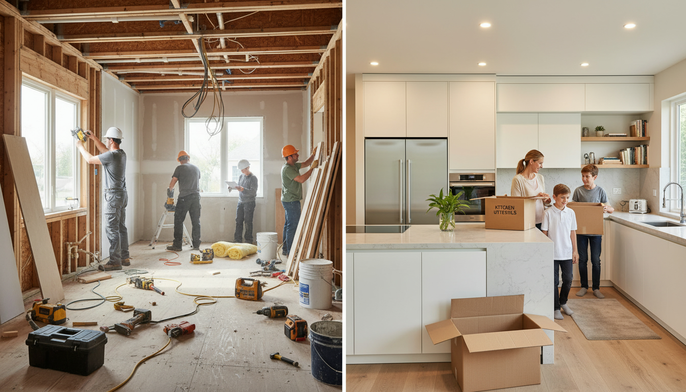 Split image of home renovation on one side and move-in to finished kitchen on the other
