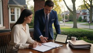 Realtor reviewing lease with tenant outside a residential property, legal documents on clipboard