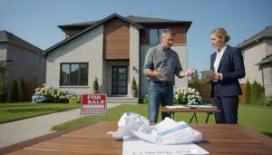 Homeowner holding a torn real estate contract with a for sale sign and real estate agent in background