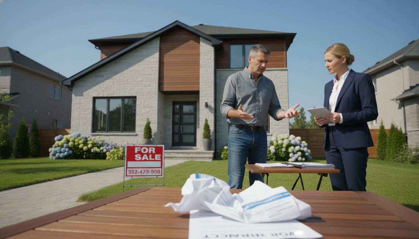 Homeowner holding a torn real estate contract with a for sale sign and real estate agent in background