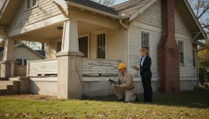 Home inspector and realtor examining older house exterior with visible foundation cracks and checklist