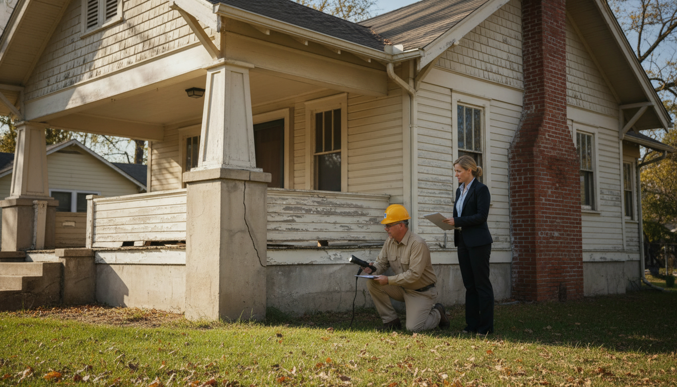 Home inspector and realtor examining older house exterior with visible foundation cracks and checklist