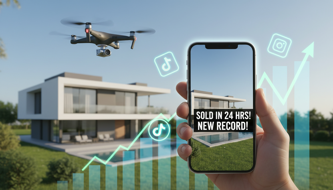 Smartphone displaying a viral real estate video thumbnail with drone shot of a modern house and social media icons