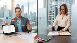 Split-screen image showing a mortgage broker comparing multiple lender rates and a bank lender approving a mortgage, with a house model and calculator in front.