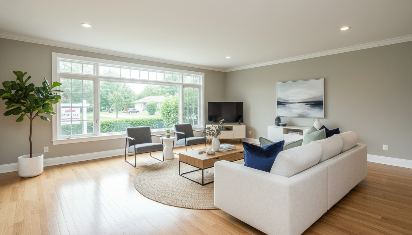 Staged living room with soft greige walls, navy accents, and natural light