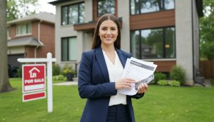 Realtor with refinance paperwork and 'For Sale' sign in front of house