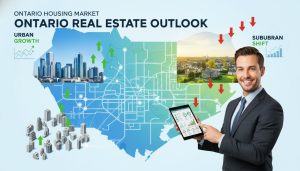 Map of Ontario with housing icons, arrows and realtor holding a clipboard representing market trends