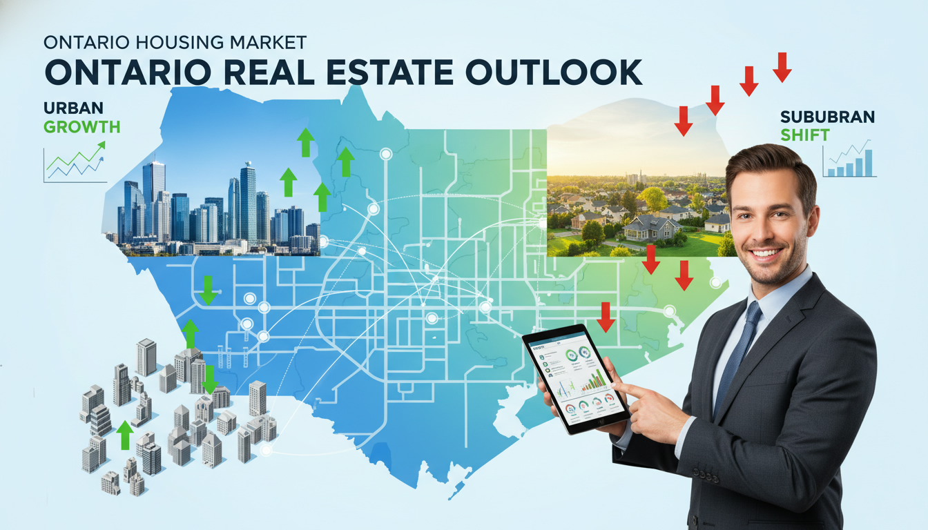 Map of Ontario with housing icons, arrows and realtor holding a clipboard representing market trends