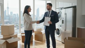Realtor and homeowner discussing sale of appliances next to fridge and washer during move