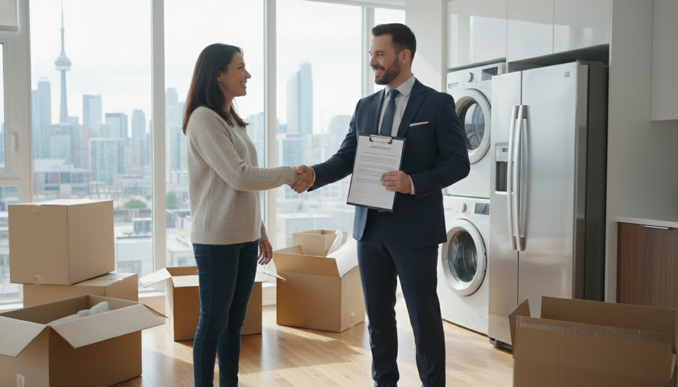 Realtor and homeowner discussing sale of appliances next to fridge and washer during move