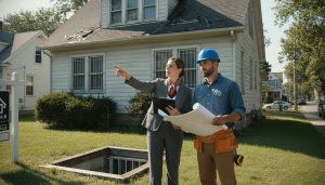 Realtor and contractor inspecting a house roof and blueprint with measuring tape and checklist