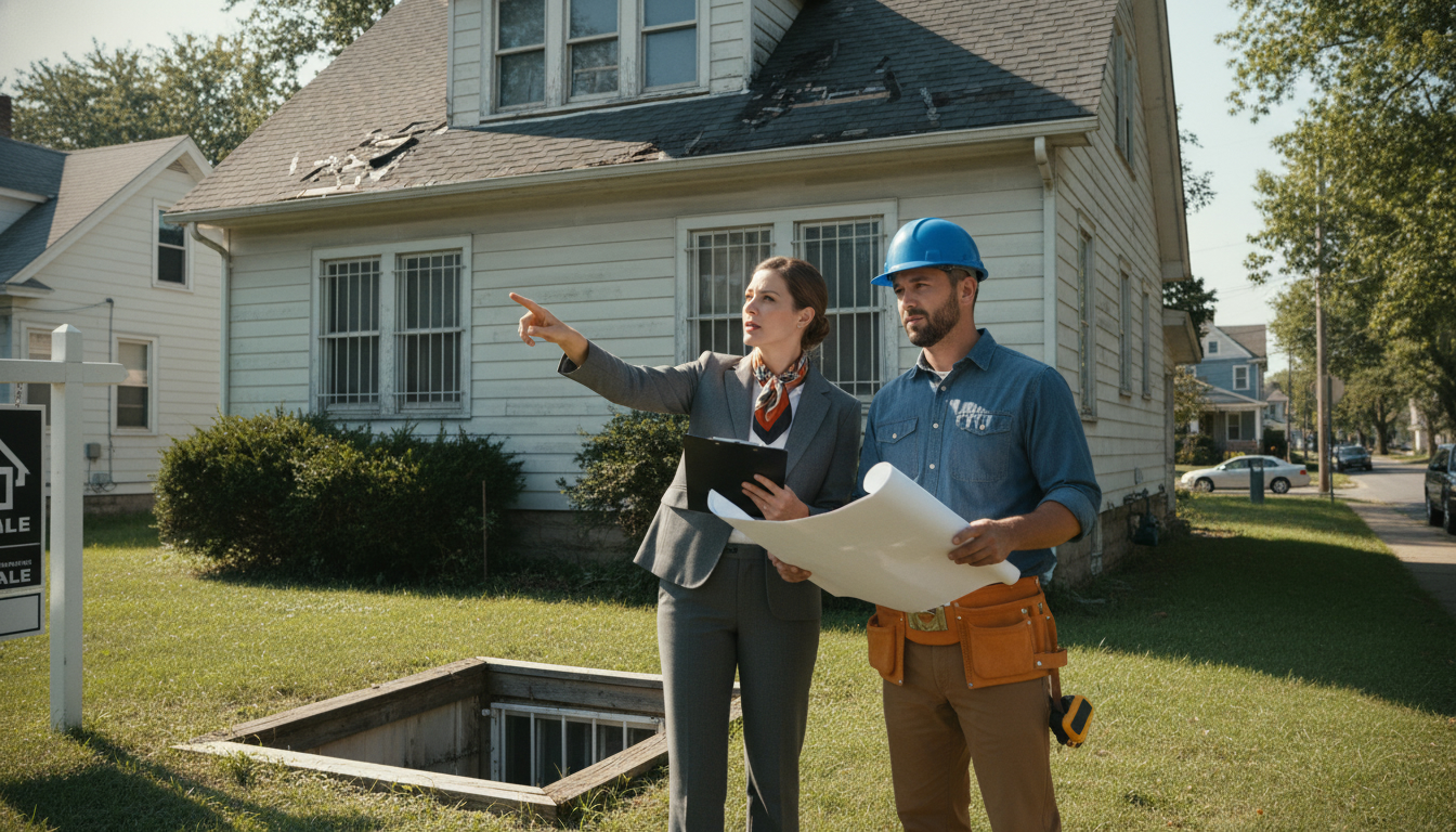 Realtor and contractor inspecting a house roof and blueprint with measuring tape and checklist