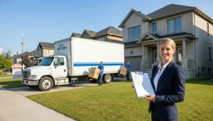 Realtor coordinating movers at a house with moving truck and Toronto skyline in background