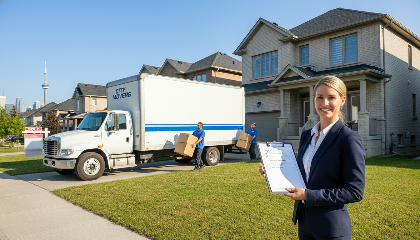 Realtor coordinating movers at a house with moving truck and Toronto skyline in background