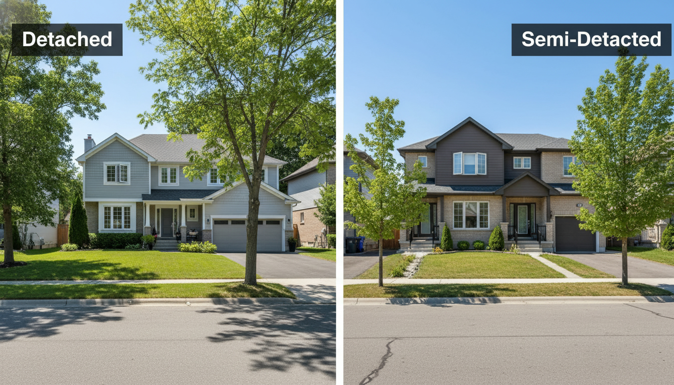 Side-by-side comparison of a detached house and a semi-detached house on a suburban street