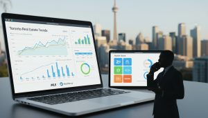 Real estate market dashboard with charts and logos (MLS, Realtor.ca, Zillow) and Toronto skyline