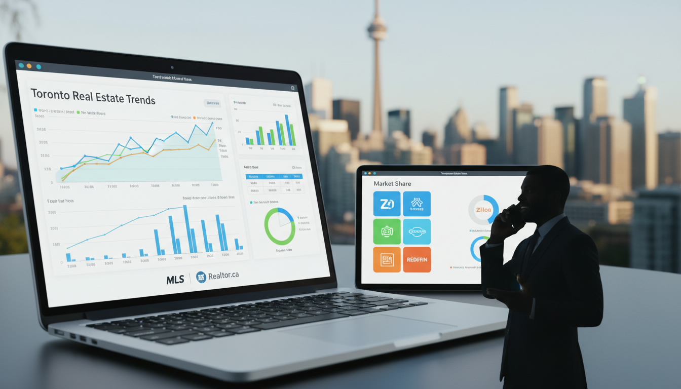 Real estate market dashboard with charts and logos (MLS, Realtor.ca, Zillow) and Toronto skyline
