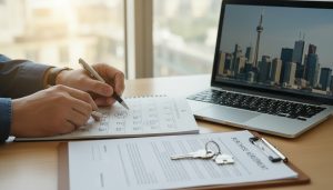 Real estate agent circling closing date on calendar with contract and house keys on table and Toronto skyline in background