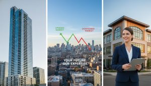 High-rise condo tower vs low-rise boutique building with market graph and realtor holding clipboard