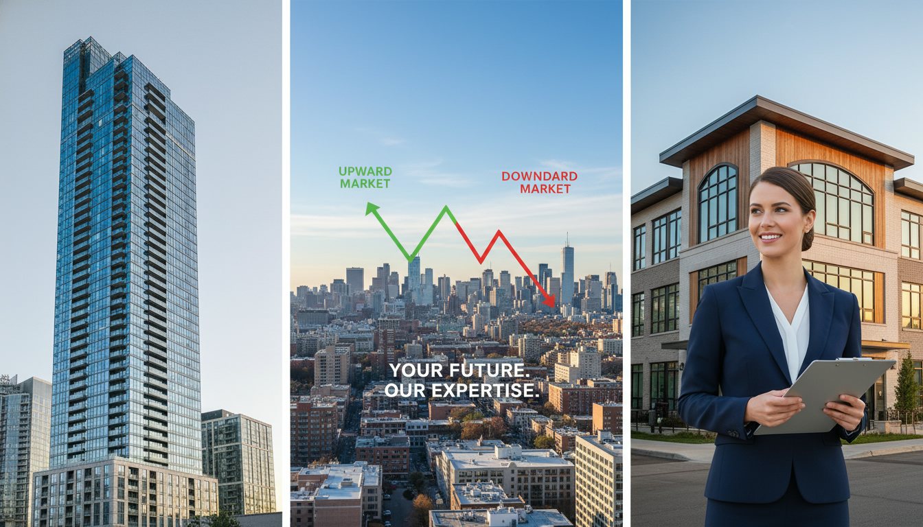 High-rise condo tower vs low-rise boutique building with market graph and realtor holding clipboard
