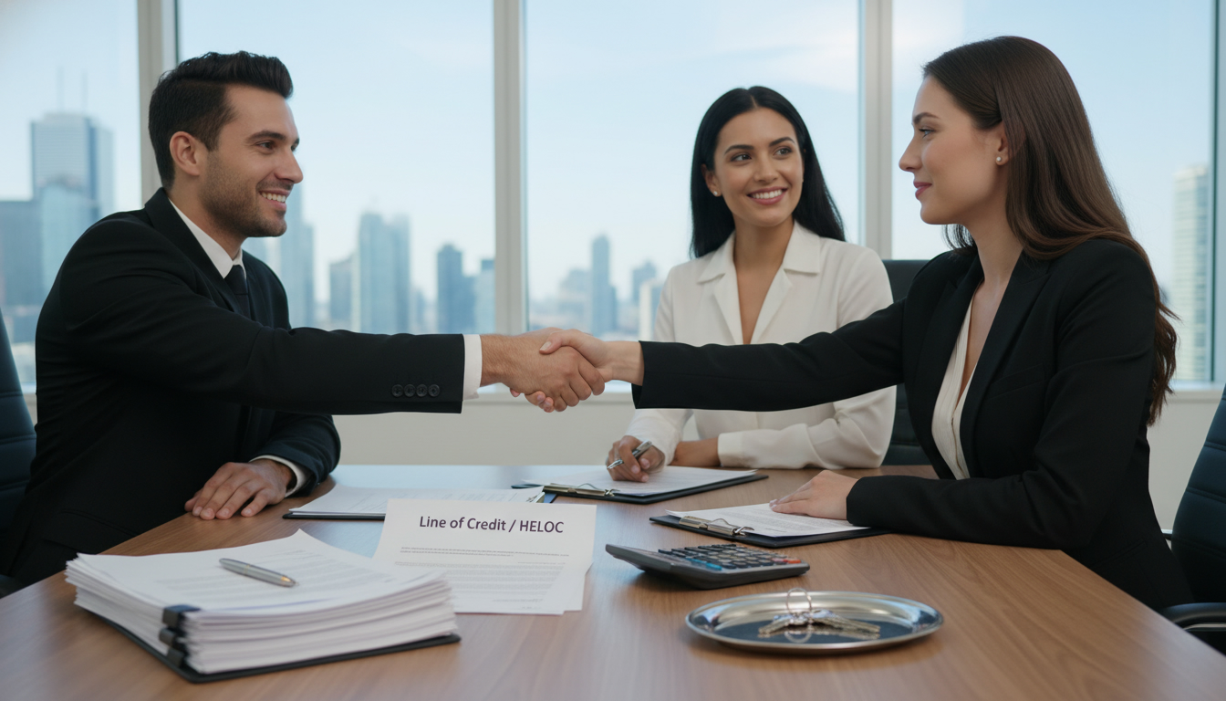 Homeowner and realtor reviewing closing papers with a visible 'Line of Credit / HELOC' document on the table.