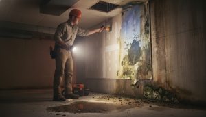 Home inspector using moisture meter and infrared camera detecting mold and water damage in a basement