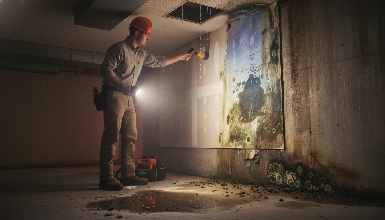 Home inspector using moisture meter and infrared camera detecting mold and water damage in a basement