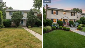 Before and after landscaping transformation of a suburban home showing improved lawn, new walkway, lighting, and plants.
