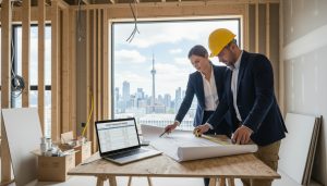 Realtor and contractor reviewing renovation plans at a new home with blueprints and laptop