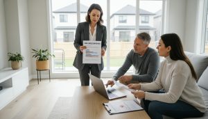 Realtor showing a home inspection report and appraisal documents to homeowner and buyer in a bright living room