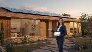 Realtor presenting energy efficiency features of a modern home with solar panels and double-pane windows