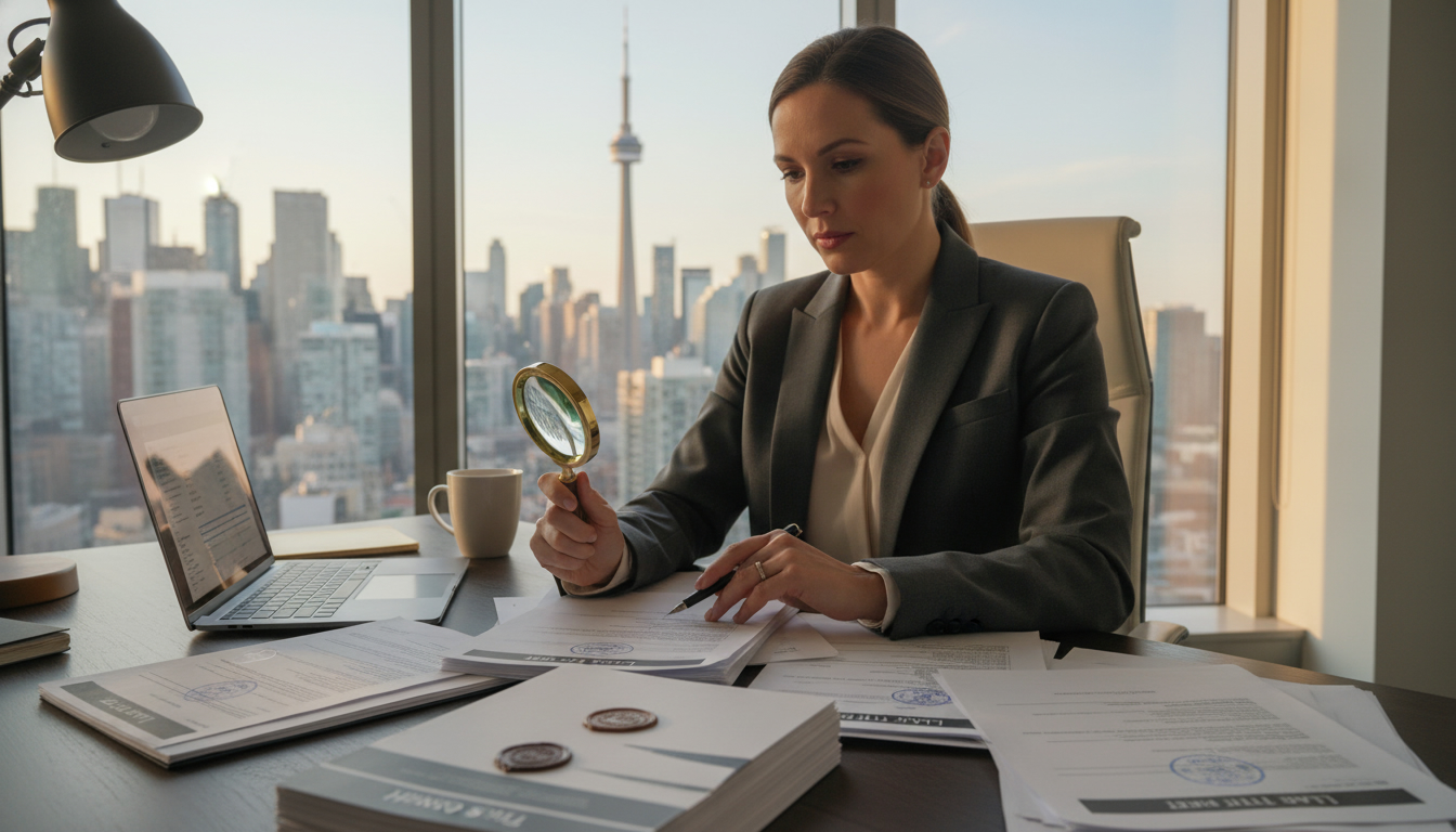 Realtor reviewing title search documents and land registry report on a desk with laptop and magnifying glass.