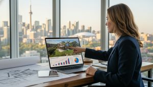 Real estate agent analyzing pricing for a unique custom home with CMA charts and drone image