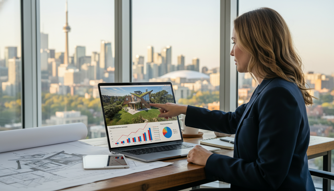 Real estate agent analyzing pricing for a unique custom home with CMA charts and drone image