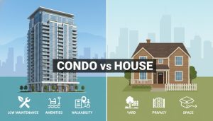 Split-screen image of a modern condo building vs a detached house with icons highlighting pros of each
