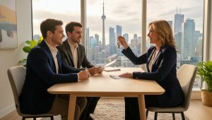 Realtor advising first-time home buyers in Ontario with mortgage documents and Toronto skyline visible