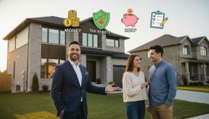 Real estate agent advising young couple outside a new Ontario home with icons for tax rebate, RRSP and checklist.