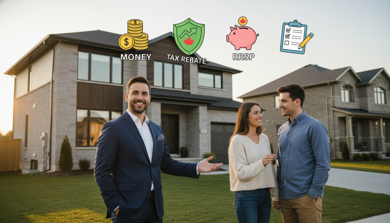 Real estate agent advising young couple outside a new Ontario home with icons for tax rebate, RRSP and checklist.