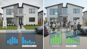 Modern house for sale split-screen: empty showings vs busy open house with multiple offers and price charts