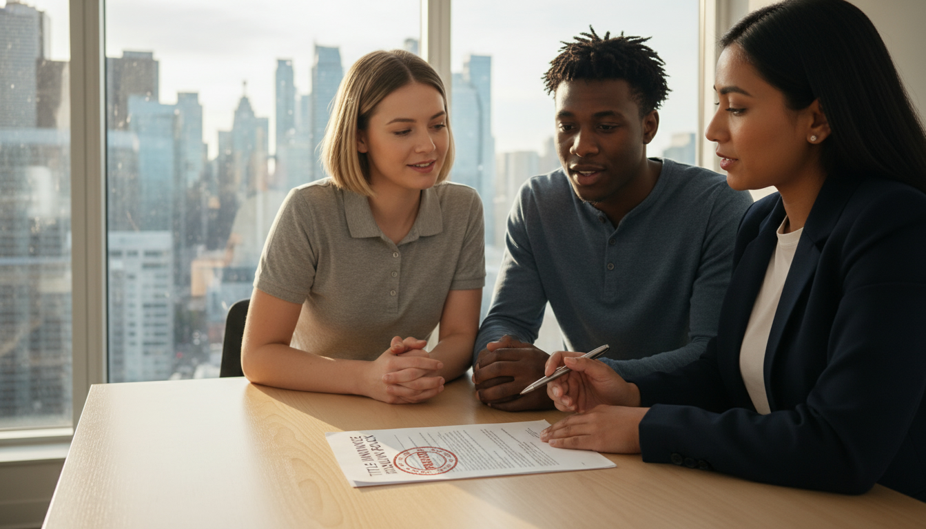 Realtor explaining title insurance to homeowners with Toronto skyline visible through window