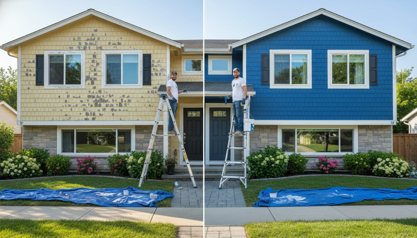 Before-and-after exterior house repainting showing faded peeling paint on one side and fresh new paint on the other.