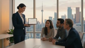 Mortgage advisor explaining fixed, variable and hybrid mortgage rates with charts and Toronto skyline.